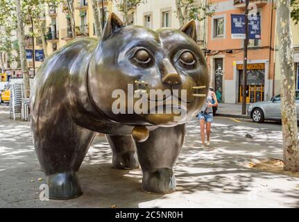 Barcellona, Spagna - 4 luglio 2016: Scultura El Gato de Botero di gatto nel quartiere El Raval di Barcellona Foto Stock