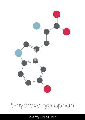 Molecola di amminoacido 5-idrossitriptofano. Formula scheletrica stilizzata (struttura chimica): Gli atomi sono indicati come cerchi codificati per colore: Idrogeno (nascosto), carbonio (grigio), ossigeno (rosso), azoto (blu). Foto Stock