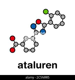 Ataluren farmaco di disturbo genetico. Utilizzato nel trattamento della fibrosi cistica e della distrofia muscolare di Duchenne. Pensato per lavorare facendo ribosomi saltare i codoni di stop. Formula scheletrica stilizzata (struttura chimica). Gli atomi sono indicati come cerchi codificati per colore: Idrogeno (nascosto), carbonio (grigio), azoto (blu), ossigeno (rosso), fluoro (ciano). Foto Stock
