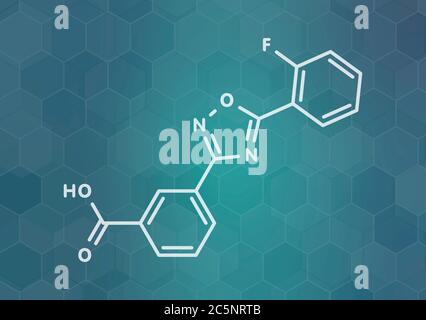 Ataluren farmaco di disturbo genetico. Utilizzato nel trattamento della fibrosi cistica e della distrofia muscolare di Duchenne. Pensato per lavorare facendo ribosomi saltare i codoni di stop. Formula scheletrica. Foto Stock