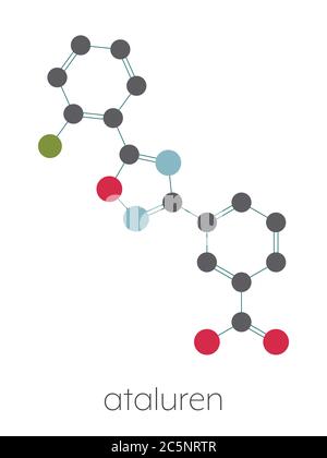 Ataluren farmaco di disturbo genetico. Utilizzato nel trattamento della fibrosi cistica e della distrofia muscolare di Duchenne. Pensato per lavorare facendo ribosomi saltare i codoni di stop. Formula scheletrica stilizzata (struttura chimica). Gli atomi sono indicati come cerchi codificati per colore: Idrogeno (nascosto), carbonio (grigio), azoto (blu), ossigeno (rosso), fluoro (ciano). Foto Stock