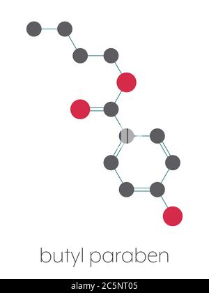 Molecola conservante butil paraben (butilparaben, butil4-idrossibenzoato). Formula scheletrica stilizzata (struttura chimica): Gli atomi sono indicati come cerchi codificati a colori: Idrogeno (nascosto), carbonio (grigio). Foto Stock