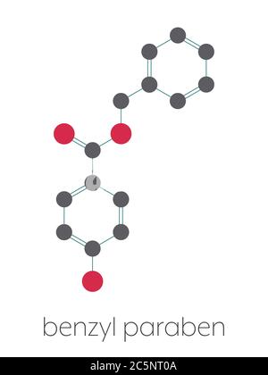 Molecola conservante benzil paraben. Formula scheletrica stilizzata (struttura chimica): Gli atomi sono indicati come cerchi codificati a colori: Idrogeno (nascosto), carbonio (grigio). Foto Stock