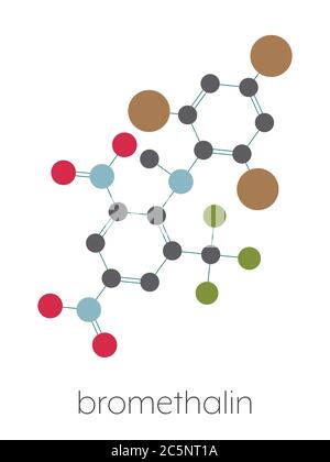 Molecola di brometalin rodenticide (veleno di ratto). Formula scheletrica stilizzata (struttura chimica): Gli atomi sono indicati come cerchi codificati per colore: Idrogeno (nascosto), carbonio (grigio), azoto (blu), ossigeno (rosso), bromo (marrone), fluoro (ciano). Foto Stock
