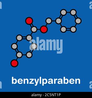 Molecola conservante benzil paraben. Formula scheletrica stilizzata (struttura chimica): Gli atomi sono indicati come cerchi codificati a colori: Idrogeno (nascosto), carbonio (grigio). Foto Stock