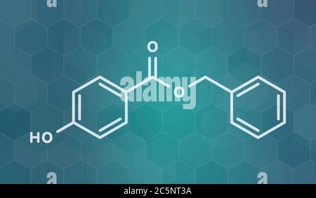 Molecola conservante benzil paraben. Formula scheletrica. Foto Stock