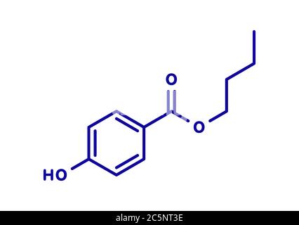 Molecola conservante butil paraben (butilparaben, butil4-idrossibenzoato). Formula scheletrica. Foto Stock