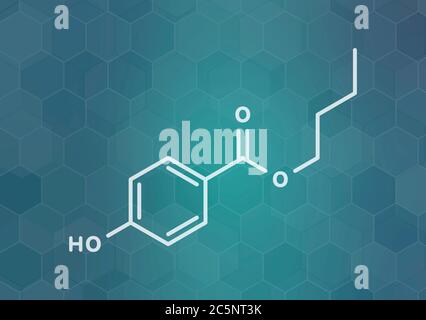 Molecola conservante butil paraben (butilparaben, butil4-idrossibenzoato). Formula scheletrica. Foto Stock