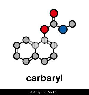 Molecola insetticida di carbarile (carbaril) (classe carbammato). Formula scheletrica stilizzata (struttura chimica): Gli atomi sono indicati come cerchi codificati per colore: Idrogeno (nascosto), carbonio (grigio), ossigeno (rosso), azoto (blu). Foto Stock