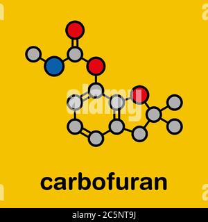 Molecola di pesticida carbammato di carbofuran. Insetticida che è anche altamente tossico per gli esseri umani e la fauna selvatica. Formula scheletrica stilizzata (struttura chimica): Gli atomi sono indicati come cerchi codificati per colore: Idrogeno (nascosto), carbonio (grigio), azoto (blu), ossigeno (rosso). Foto Stock