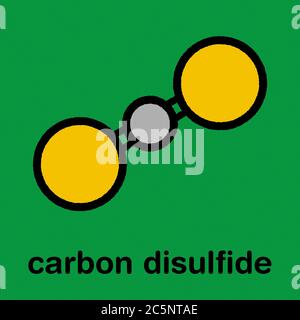 Molecola di disolfuro di carbonio (CS2). Liquido usato per fumigazione e come insetticida. Formula scheletrica stilizzata (struttura chimica): Gli atomi sono indicati come cerchi codificati per colore: Zolfo (giallo), carbonio (grigio). Foto Stock
