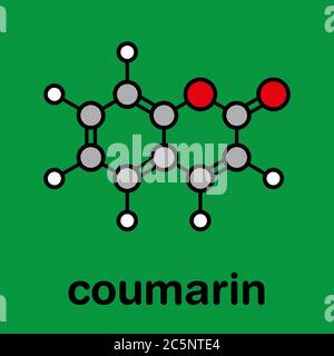 Cumarina erborea molecola profumata. Responsabile del profumo di fieno appena falciato. Formula scheletrica stilizzata (struttura chimica): Gli atomi sono indicati come cerchi codificati per colore: Idrogeno (bianco), carbonio (grigio), ossigeno (rosso). Foto Stock