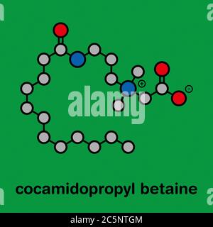 Molecola di tensioattivo sintetico cocamidopropil betaina (CAPB). Utilizzato in shampoo, sapone, balsamo per capelli, ecc. formula scheletrica stilizzata (struttura chimica): Gli atomi sono indicati come cerchi codificati per colore: Idrogeno (nascosto), carbonio (grigio), azoto (blu), ossigeno (rosso). Foto Stock