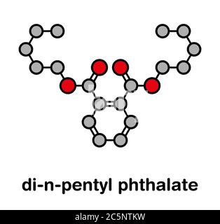 Molecola di plastificante di-n-pentil ftalato (DNPP). Formula scheletrica stilizzata (struttura chimica): Gli atomi sono indicati come cerchi codificati a colori: Idrogeno (nascosto), carbonio (grigio), ossigeno (rosso). Foto Stock