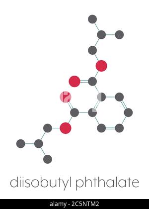 Molecola plastificante diisobutilftalato (DIBP). Formula scheletrica stilizzata (struttura chimica): Gli atomi sono indicati come cerchi codificati a colori: Idrogeno (nascosto), carbonio (grigio), ossigeno (rosso). Foto Stock