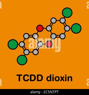 Molecola inquinante di dibenzodiossina policlorurata TCDD (comunemente chiamata diossina). Sottoprodotto formato durante l'incenerimento di materiali contenenti cloro. Formula scheletrica stilizzata (struttura chimica): Gli atomi sono indicati come cerchi codificati per colore: Idrogeno (nascosto), carbonio (grigio), ossigeno (rosso), cloro (verde). Foto Stock