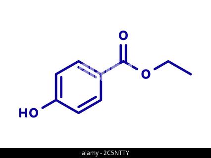 Molecola conservante di etil paraben (etil para-idrossibenzoato). Formula scheletrica. Foto Stock