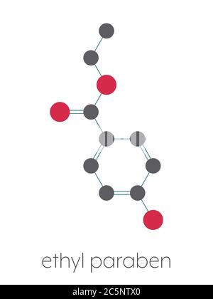 Molecola conservante di etil paraben (etil para-idrossibenzoato). Formula scheletrica stilizzata (struttura chimica): Gli atomi sono indicati come cerchi codificati a colori: Idrogeno (nascosto), carbonio (grigio). Foto Stock