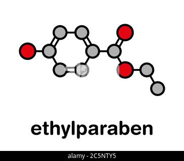 Molecola conservante di etil paraben (etil para-idrossibenzoato). Formula scheletrica stilizzata (struttura chimica): Gli atomi sono indicati come cerchi codificati a colori: Idrogeno (nascosto), carbonio (grigio). Foto Stock