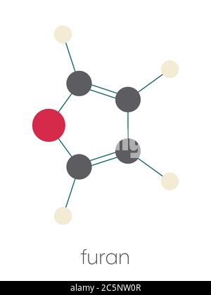 Molecola aromatica eterociclica furana. Formula scheletrica stilizzata (struttura chimica): Gli atomi sono indicati come cerchi codificati per colore: Idrogeno (beige), carbonio (grigio), ossigeno (rosso). Foto Stock