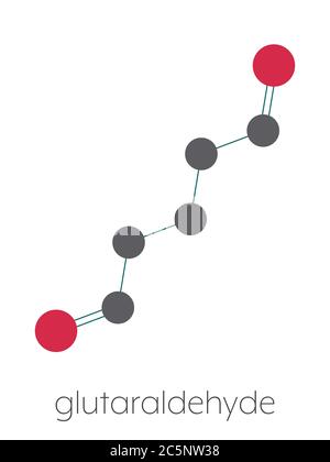 Molecola disinfettante glutaraldeide (glutarale). Utilizzato per la  disinfezione di dispositivi medici e strumenti chirurgici. Formula  scheletrica stilizzata (struttura chimica): Gli atomi sono indicati come  cerchi codificati a colori: Idrogeno