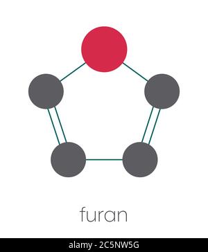 Molecola aromatica eterociclica furana. Formula scheletrica stilizzata (struttura chimica): Gli atomi sono indicati come cerchi codificati a colori: Idrogeno (nascosto), carbonio (grigio), ossigeno (rosso). Foto Stock
