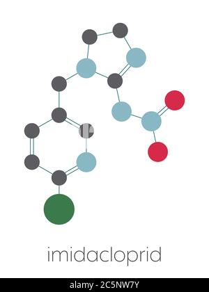 Insetticida neonicotinoide imidacloprid. Neurotossina di insetto che può contribuire al disordine di collasso della colonia di api di miele. Formula scheletrica stilizzata (struttura chimica): Gli atomi sono indicati come cerchi codificati per colore: Idrogeno (nascosto), carbonio (grigio), azoto (blu), ossigeno (rosso), cloro (verde). Foto Stock