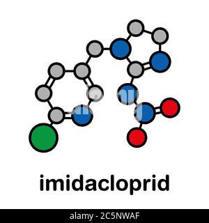 Insetticida neonicotinoide imidacloprid. Neurotossina di insetto che può contribuire al disordine di collasso della colonia di api di miele. Formula scheletrica stilizzata (struttura chimica): Gli atomi sono indicati come cerchi codificati per colore: Idrogeno (nascosto), carbonio (grigio), azoto (blu), ossigeno (rosso), cloro (verde). Foto Stock