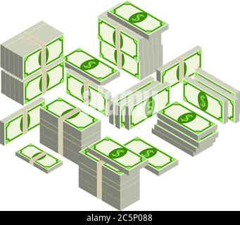 Vettore illustrazione grande mucchio di dollari di contanti. Concetto di denaro grande. Illustrazione isometrica vettoriale in stile piatto. Dollari americani, confezione, pacco, lotto Illustrazione Vettoriale