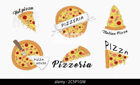 Set di banner con icone di pizze. Fast food italiano, succulenti fette di peperoni con mozzarella. Illustrazione Vettoriale