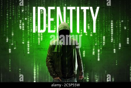 Hacker senza volto con ISCRIZIONE DI IDENTITÀ, concetto di hacking Foto Stock