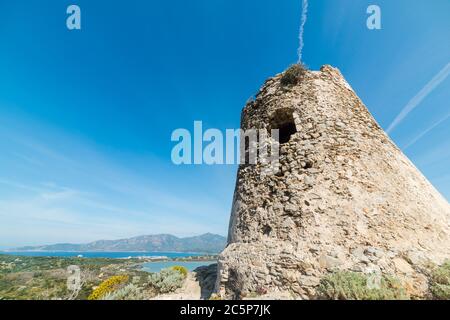 Antica torre spagnola a Porto Giunco, Villasimius. Sardegna, Italia Foto Stock