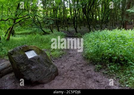 Targa che segna il punto di un incidente UFO nel 1979. Il lavoratore forestale Robert Taylor ha riferito di vedere una astronave aliena in Dechmont Woods vicino a Livingston. Foto Stock