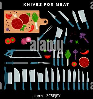 Cucinare una bistecca di manzo. Un sacco di erbe, condimenti e ingredienti diversi su tavolo di legno. Set coltelli per il taglio della carne su fondo scuro Illustrazione Vettoriale