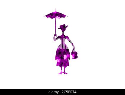 Silhouette ragazza galleggia con ombrello in mano, fiori viola silhouette, Mary Poppins stile, vettore isolato o sfondo bianco Illustrazione Vettoriale