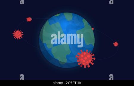 COVID-19 circoli il globo nel 2020. Microbi stilizzati orbitano intorno alla terra. Illustrazione Vettoriale