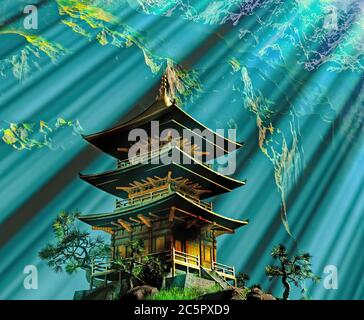 Sun temple - santuario buddista in Himalaya rendering 3D Foto Stock