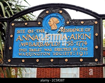Sito della residenza di Anna Laetitla Aikin,MRS barbauld,1758,1774,tablet eretto Dalla società Warrington, 1911 Foto Stock