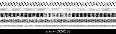 Cingoli pneumatici, set di vettori di segni del battistrada. Traccia da un trattore, un camion, una pista del carro attrezzi, un'automobile del passeggero, una motocicletta e una bicicletta. L'effetto grunge è in un separat Illustrazione Vettoriale