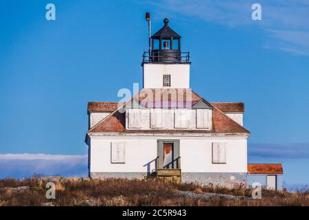 Il faro di Egg Rock, su un'isola nella Frenchman Bay, può essere visto da varie viste sulla strada Loop Road del Parco Nazionale di Acadia sull'Isola del Monte Desert. Foto Stock