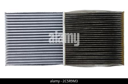 Cabina e filtri aria a contrasto: Nuovi e puliti rispetto a vecchi e sporchi. Foto Stock