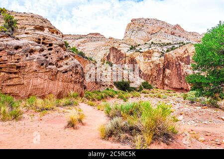 Red Orange rock formazioni rocciose vista panoramica vicino al parcheggio Grand Wash in estate nel Capitol Reef National Monument in Utah Foto Stock