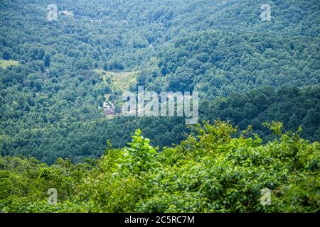 Vista ad alto angolo di alberi verdi in Shenandoah Blue Ridge appalachian montagne sullo skyline di strada e colline ondulate vicino Stanardsville Foto Stock