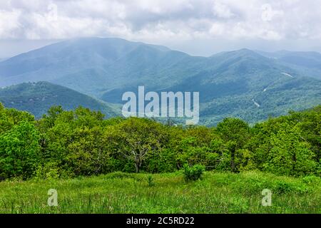Devil's Knob si affaccia sul prato verde del campo d'erba presso il villaggio turistico di Wintergreen vicino alle montagne Blue Ridge parkway in estate nubi nebbia copertura Foto Stock