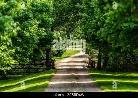 Entrata aperta con cancello sul fiume con vialetto di accesso stradale nella campagna rurale della Virginia tenuta ghiaia strada sterrata percorso con verdi alberi lussureggianti in Foto Stock