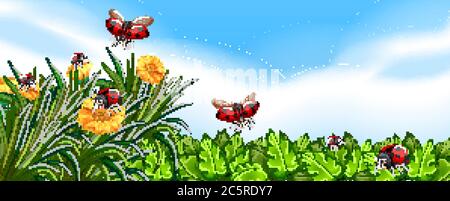 Scena vuota con ladybugs nel giardino con alcuni fiori a illustrazione diurna Illustrazione Vettoriale