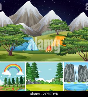 Quattro scene diverse in natura impostazione cartoon stile illustrazione Illustrazione Vettoriale