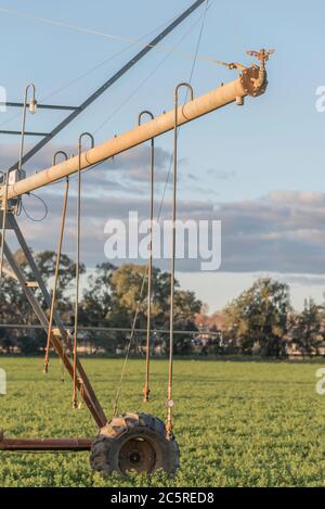 Un sistema di irrigazione semovente o con movimento laterale o a perno centrale o un irrigatore pronto per l'uso su un prodotto agricolo vicino a Mudgee, Australia Foto Stock