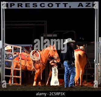 Prescott, Arizona, Stati Uniti. 3 luglio 2020. Un cavallo si trova dietro l'area dei calici di buca durante il 133rd Prescott Frontier Days Rodeo a Prescott, Arizona Venerdì 3 luglio 2020. Il rodeo, il più lungo al mondo, è continuato nonostante la pandemia del coronavirus con capacità di tifosi limitata al 25% presso la sede. Credit: Will Lester/ZUMA Wire/Alamy Live News Foto Stock