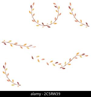 Set di ramoscelli ricurvi con foglie, boccioli e fiori d'autunno. Illustrazione Vettoriale